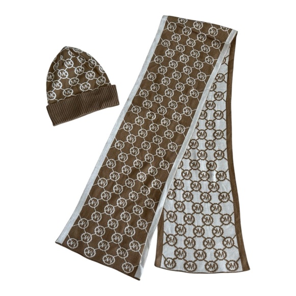 Michael Kors NWT Women's Scarf and Beanie Set Caramel Cream MK Logo - Picture 3 of 4